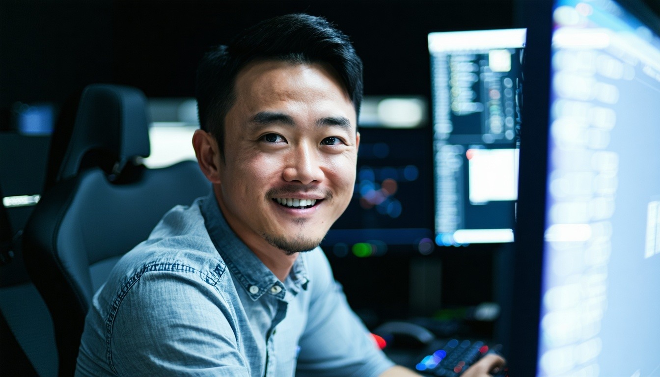 a picture of an asian IT specialist in a friendly yet professional setting dark ground