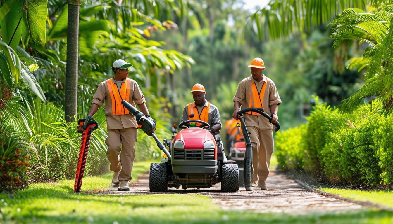 generate an image of a gardening crew carrying 1 brushcutter, and 1 rideon mower and 1 push mower and 1 leaf blower busily maintaining a tropical gard