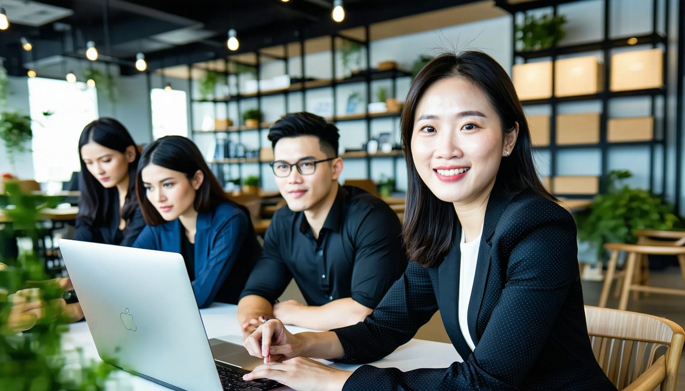 picture of a experienced asian woman coordinating a large team and working alongside the business founder in a professional setting-1