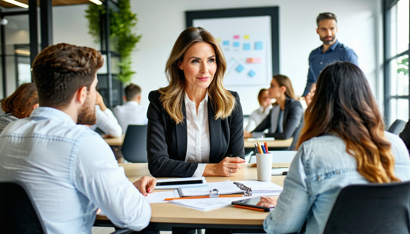 picture of a experienced woman coordinating a large team and working alongside the business founder in a professional setting