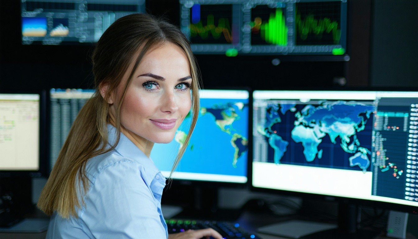 young and skilled beautiful customer focussed caucasian lady professional employed as Field Operations Specialist overseeing computer and monitoring complex field operations zoomed into multiple loctations in Asia Pacific-1